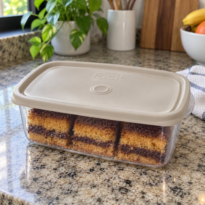 Sanremo Pote Plástico Hermético Retangular 1,8 L, linha Fácil, com tampa capuccino